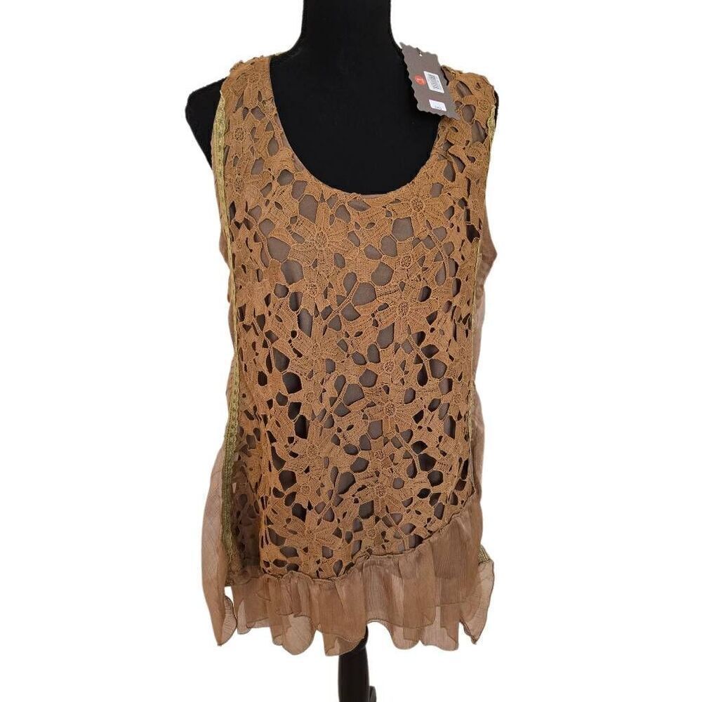 NWT Pretty Angel Womens Crochet Silk Blend Ruffle Layered Tunic Top Brown Large